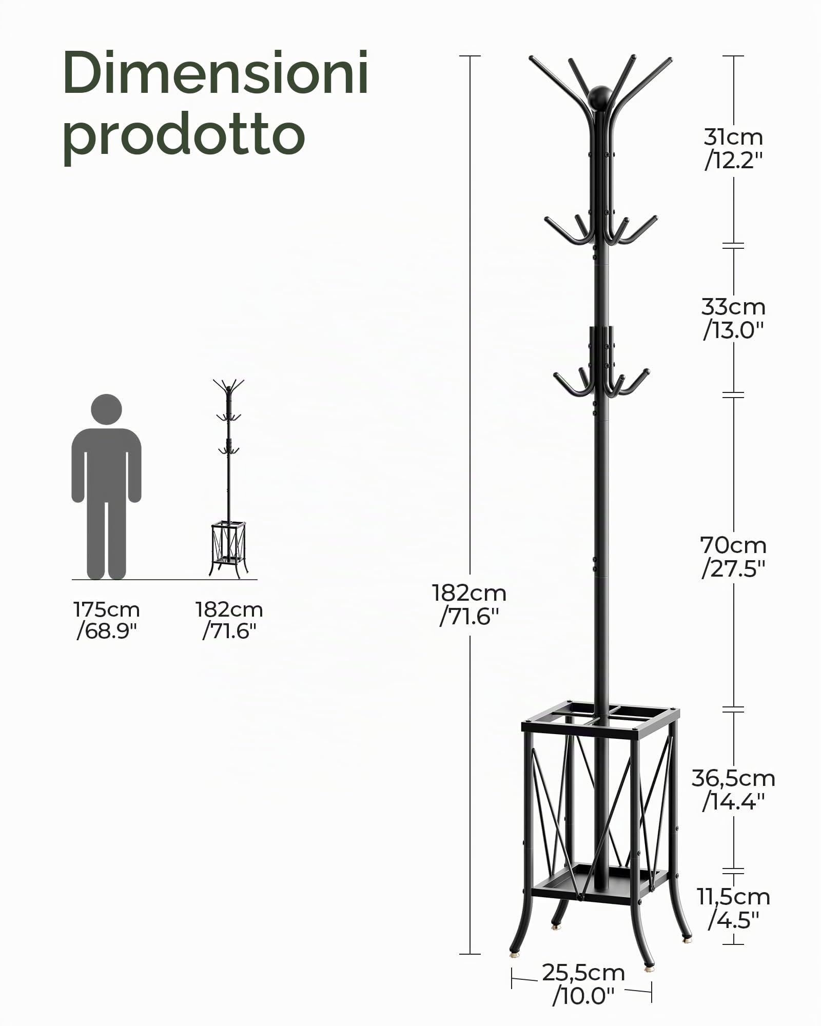 CHOEZON Appendiabiti da Ingresso in Metallo, Attaccapanni da Terra con 12 Ganci e Portaombrelli Integrato, per Borse, Sciarpe, Cappotti e Cappelli, per Corridoio, Camera, Ufficio, Nero DTYM01BB
