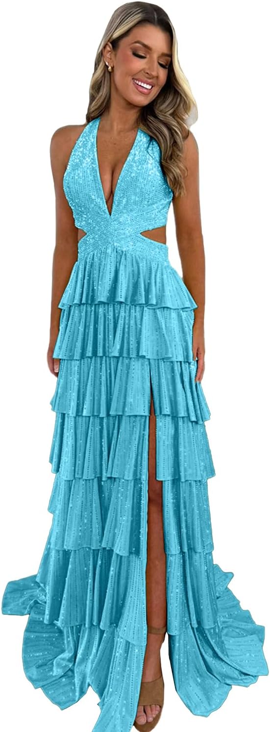 Halter Tiered Ruffle Prom Dresses for Women 2026 Strapless Glitter Sequins Satin Long Evening Party Gowns with Slit