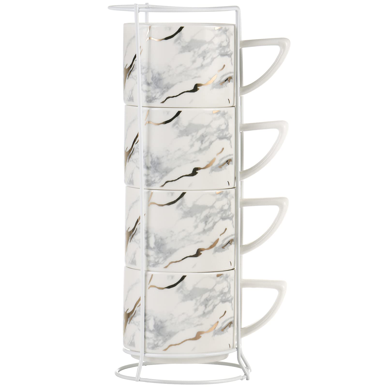 Cappuccino Cups Set Tea Mugs 210ML Stackable Set of 4 Ceramics Coffee Cup with Cups Stand (White)