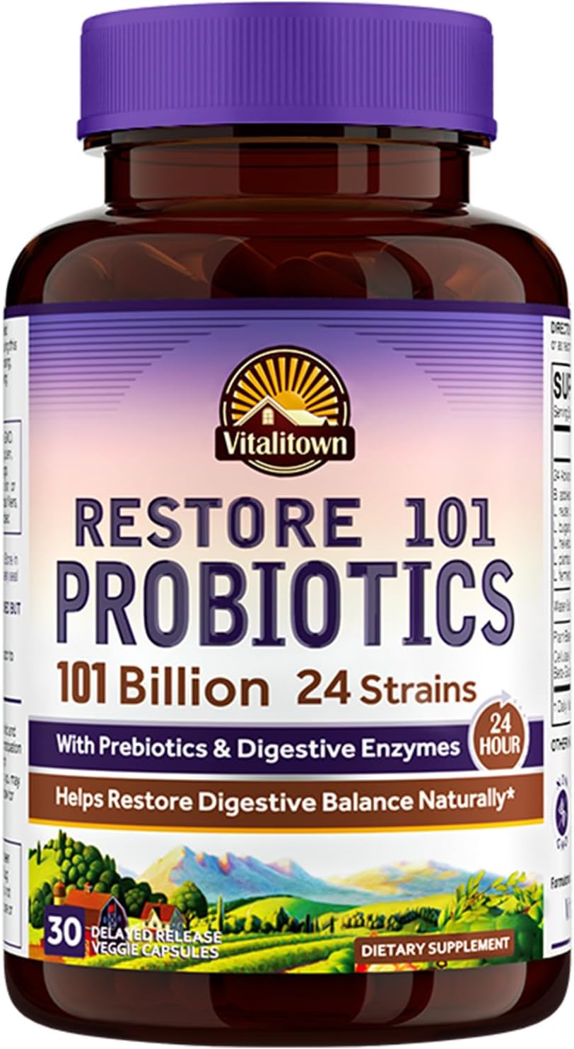 VitalitownProbiotics 101 Billion CFUs, 24 Strains, Prebiotics and Probiotics, Digestive Enzymes, Shelf Stable Probiotic Supplement, Probiotic for Men and Women, 30 Caps