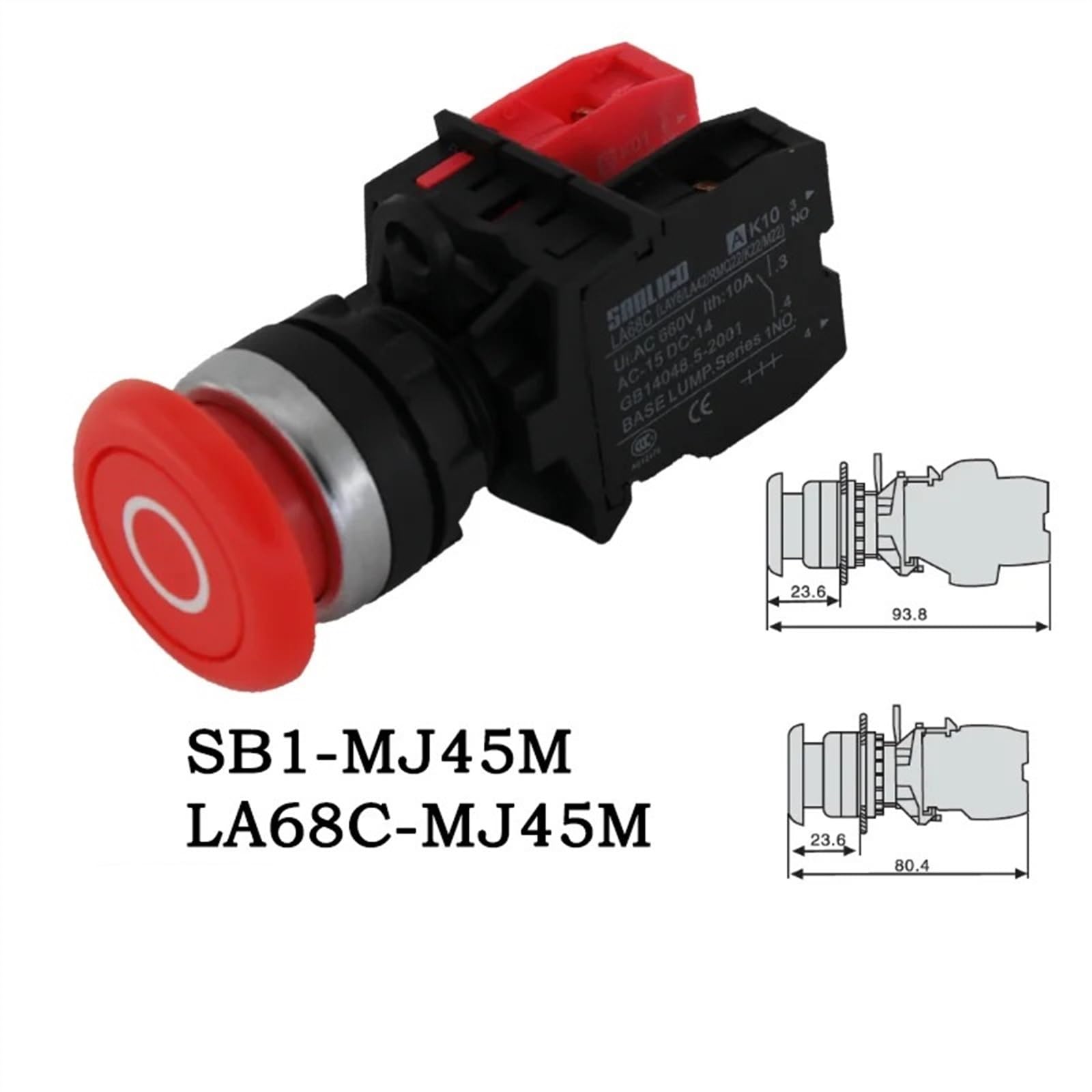 Pulsador de cabeza de seta de parada de emergencia resistente al agua con marca SB1 LA68C M22-MJ45M resorte momentáneo Ø22mm(Black,1NO AND 1NC)