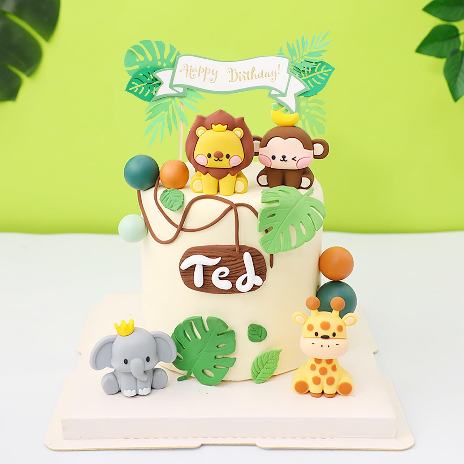 10-Piece Jungle Safari Cake Topper Set - Elephant, Giraffe, Lion, Monkey & Glitter Leaves For Baby Shower, Birthday