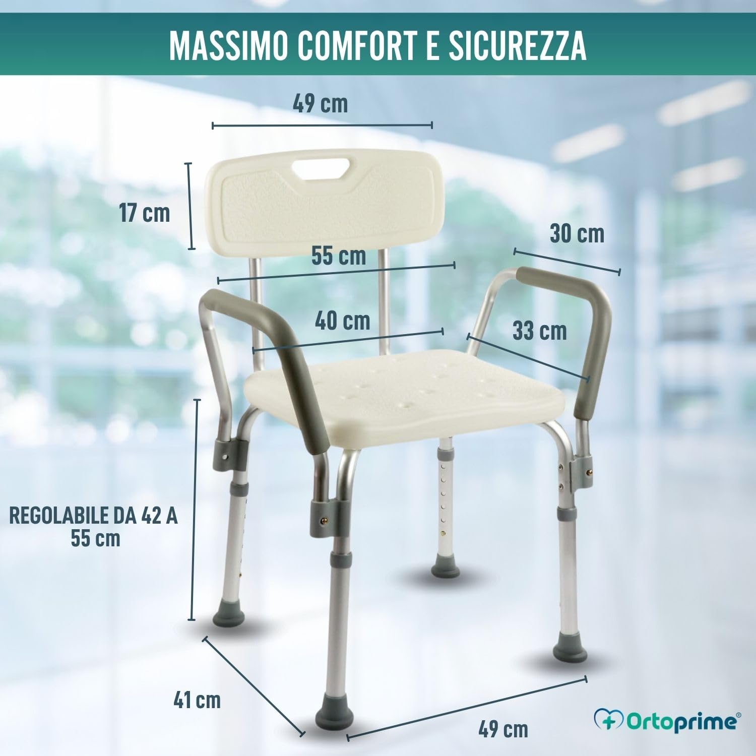 OrtoPrime Sedia da Doccia per Anziani con Schienale Rimovibile – Seggiolino Doccia Antiscivolo Regolabile in 6 Altezze – Sedile per Doccia Anziani e Disabili con Braccioli Imbottiti