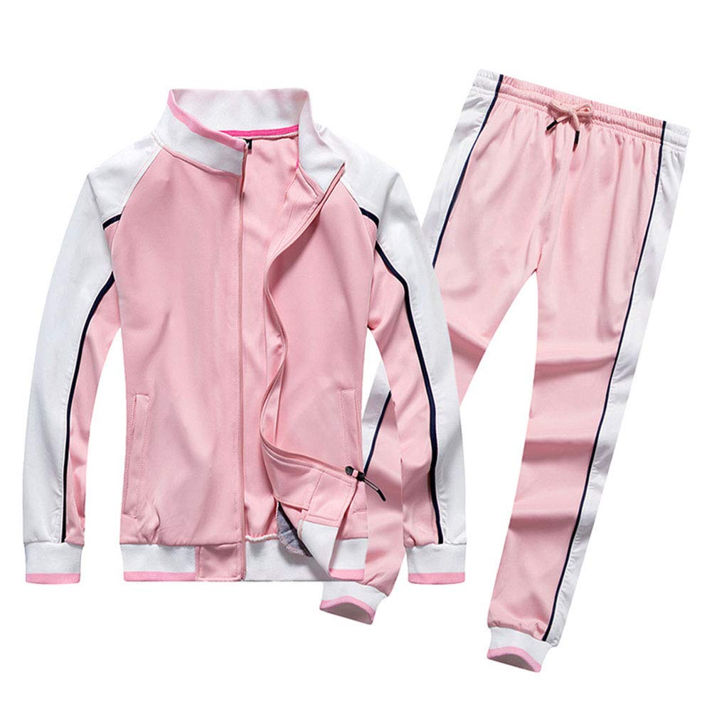 HONGBI Męskie damskie kontrastowe zestawy dresów rozpinany kardigan stójka kurtka bluza ze sznurkiem długie spodnie z dużą kieszenią siłownia jogging spodnie, Różowy (Female), XXL