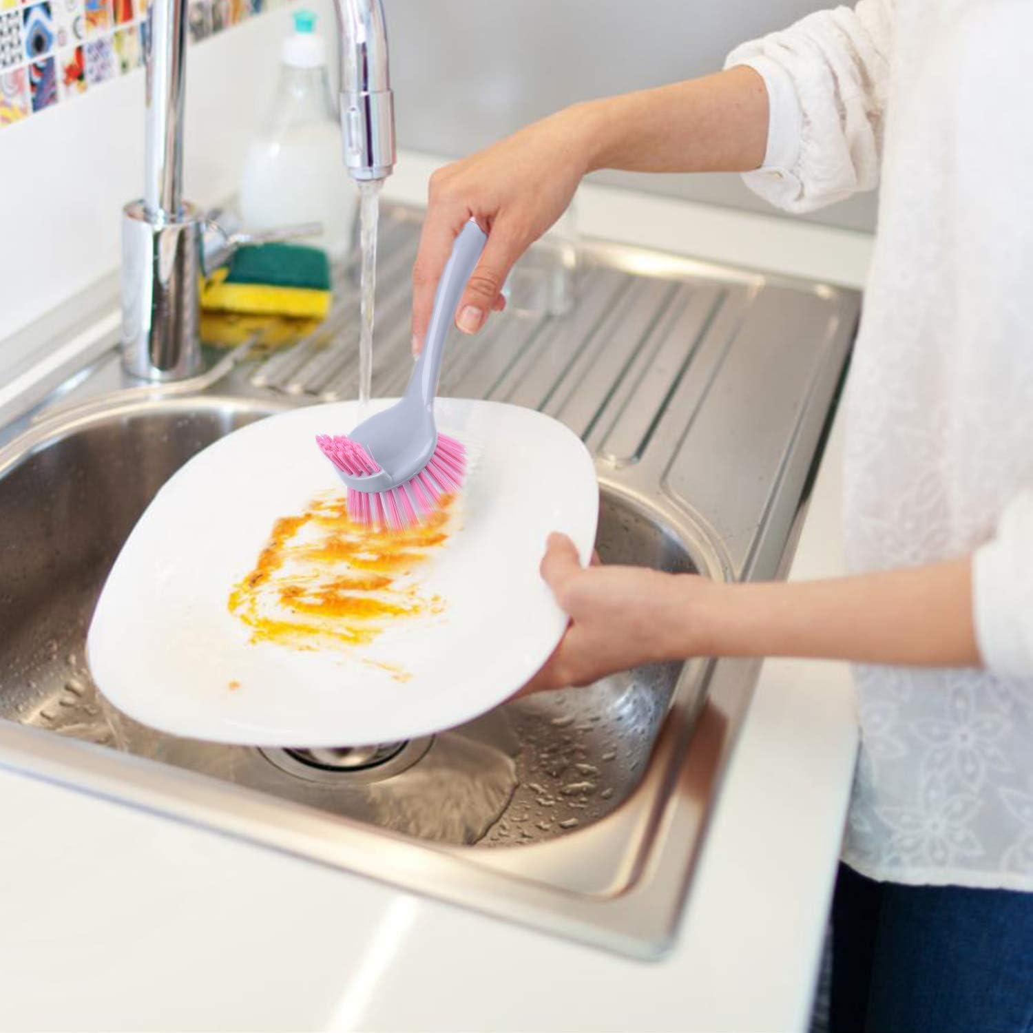 2 Sided Dish Brush for Sink Kitchen Pot and Pan, Durable Effective for Cleaning, Green, Beige, Pink (3 Pack)