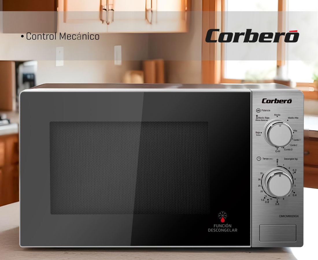 Corberó - Microondas con grill | CMICM6020GX | 700W | 20L | Gratinar y Asar | Descongelar | 9 Niveles Potencia | Temporizador | Plato Giratorio | 26x44x34 | Inox