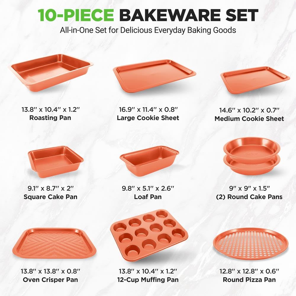 NutriChef Set da 10 Pezzi di Teglie da Forno Antiaderenti in Rame, Teglie Forno in Acciaio al Carbonio con Teglie per Biscotti, Plumcake, Muffin, Crisper, Torte e Arrosti, Facili da Pulire