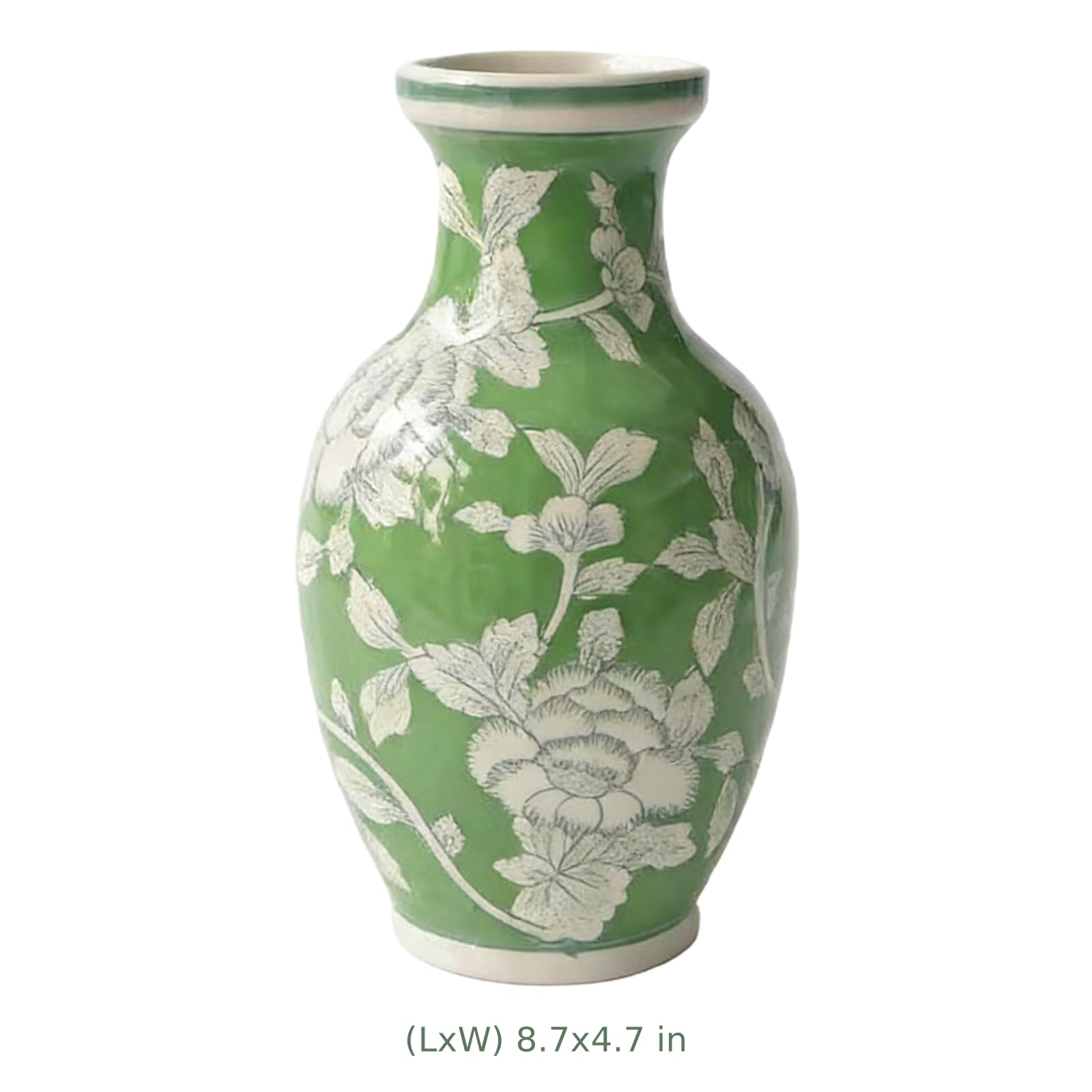 Jarrón Chinoiserie en verde y blanco, jarrón de cerámica de 8.7 pulgadas, porcelana pintada a mano, centro de mesa sofisticado, recipiente floral hidropónico, acento de decoración del hogar, opción de
