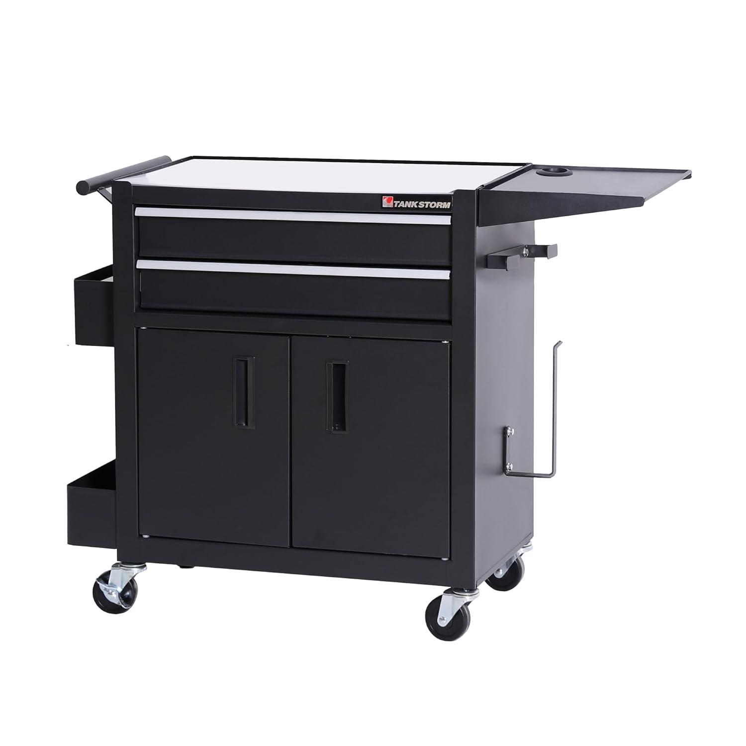 Rolling Tattoo Workstation Cart, 2-Drawer Lockable Utility Cart with Wheels, Metal Rolling Tool Chest with Cabinet & Side Trays, Mobile Workbench for Tattoo Studio, Salon, Garage, Workshop