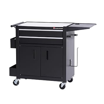 Rolling Tattoo Workstation Cart, 2-Drawer Lockable Utility Cart with Wheels, Metal Rolling Tool Chest with Cabinet & Side Trays, Mobile Workbench for Tattoo Studio, Salon, Garage, Workshop