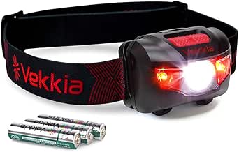 Vekkia Ultra Bright LED Headlamp-5 Lighting Modes,White &amp; Red LEDs Head Lamp, Camping Accessories Gear. IPX6 Waterproof Headlight for Running,Cycling,Fishing,Hiking,Repairing. Batteries Included