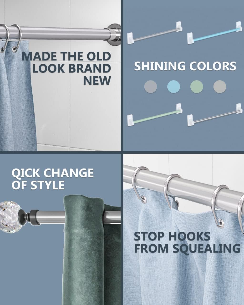 TidyFriend Plastic Shower Rod Cover 58 Inch (4 Covers) - Smooth Glide Shower Curtain Rod Cover for Straight Shower Rods, Rust Cover and Bathroom Decor Upgrade, Easy Slip On Design (Silver)