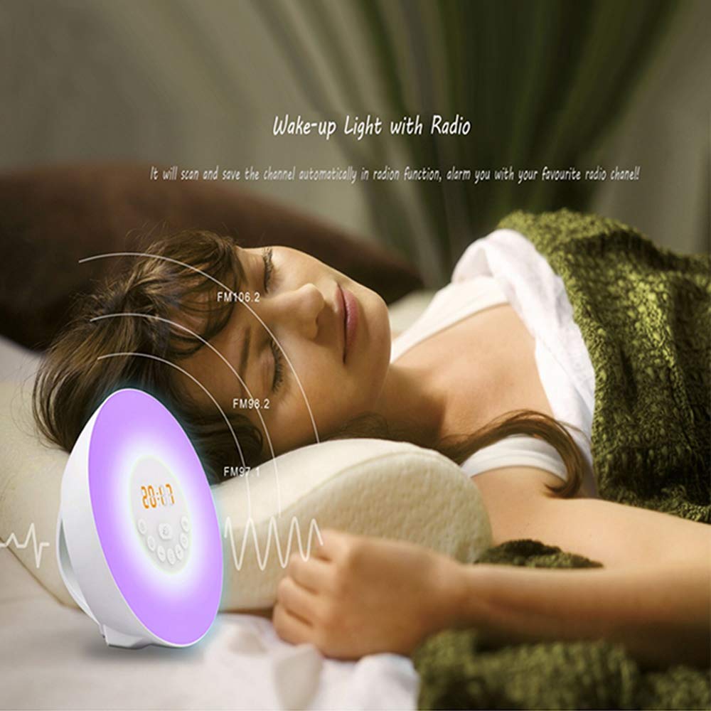 Sunrise budzik z lampką Wake Up Light, 7 dźwięków natury, cyfrowy zegar sterowany dotykiem, budzik emituje słabe światło, aby pomóc w zasypianiu