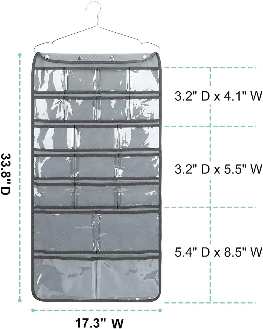 Dual Sided Hanging Organizer for Jewelry Makeup Storage Closet Organizers for Bows Socks Underwear with 42 Clear Pockets (GREY)