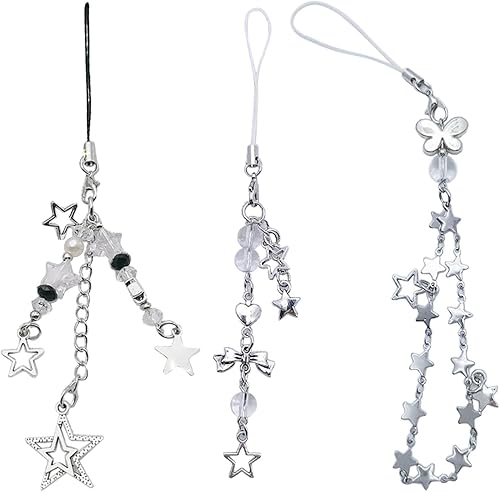 Paquete de 3 llaveros con dije de estrella para teléfono, correa de accesorios, material de aleación para amantes de la moda, cadena Y2K, Metal,