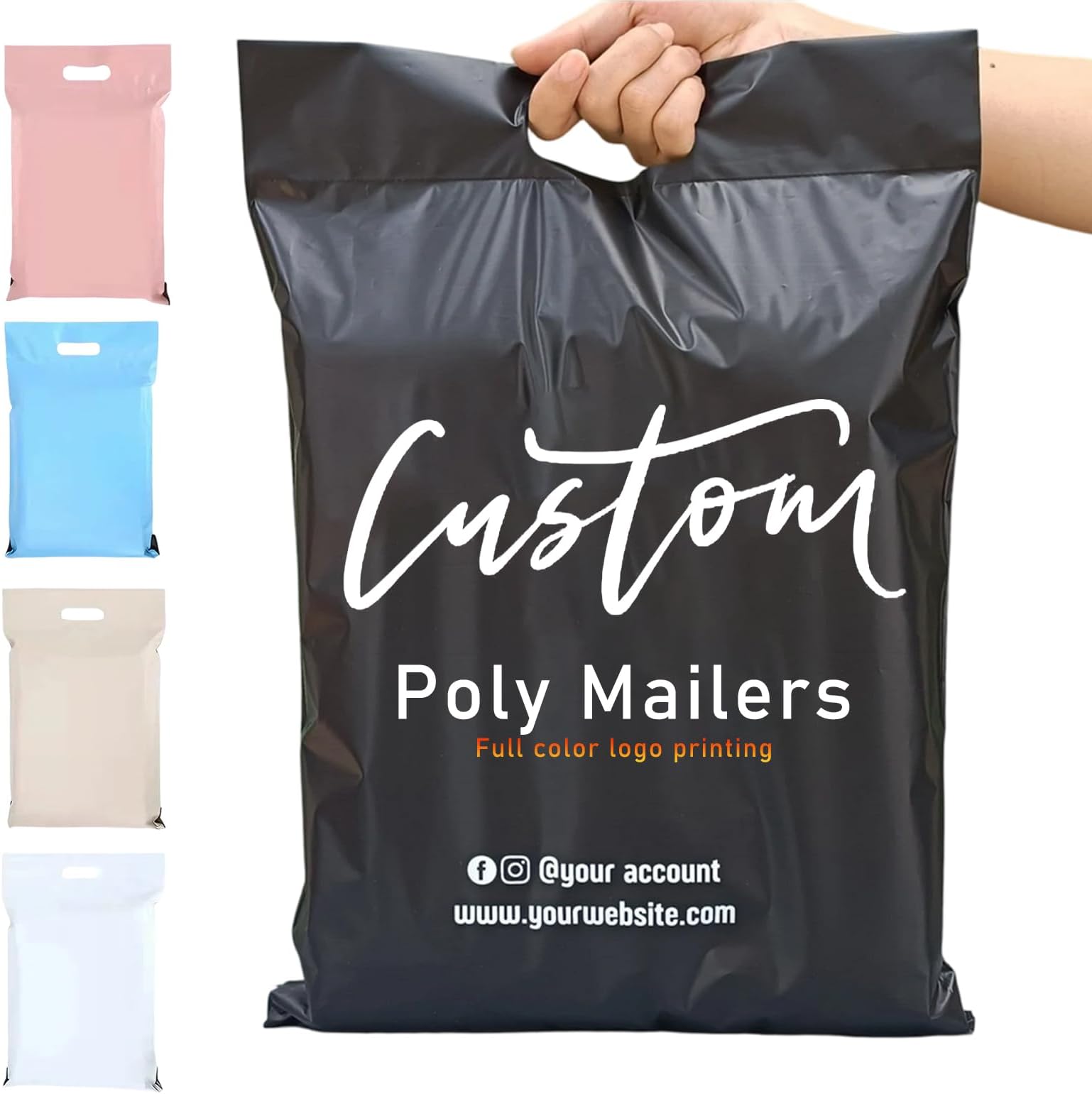 30-300 pack Custom Poly Mailers with Handle, Full Color Logo Printing, Self Sealing Shipping Bags, Waterproof Tear-Proof Mailing Envelopes for Clothing and Small Business, Various Sizes and Colors