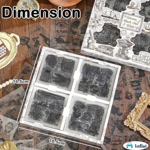 Image of FunBlast Self Adhesive 640Pcs /100 Sheets, Extreme Black & White Stickers, Retro Decorative Sticker's for Scrapbook, Sticker's for Project, Japanese Style Sticker Set, Journals, Scrapbooking (D)
