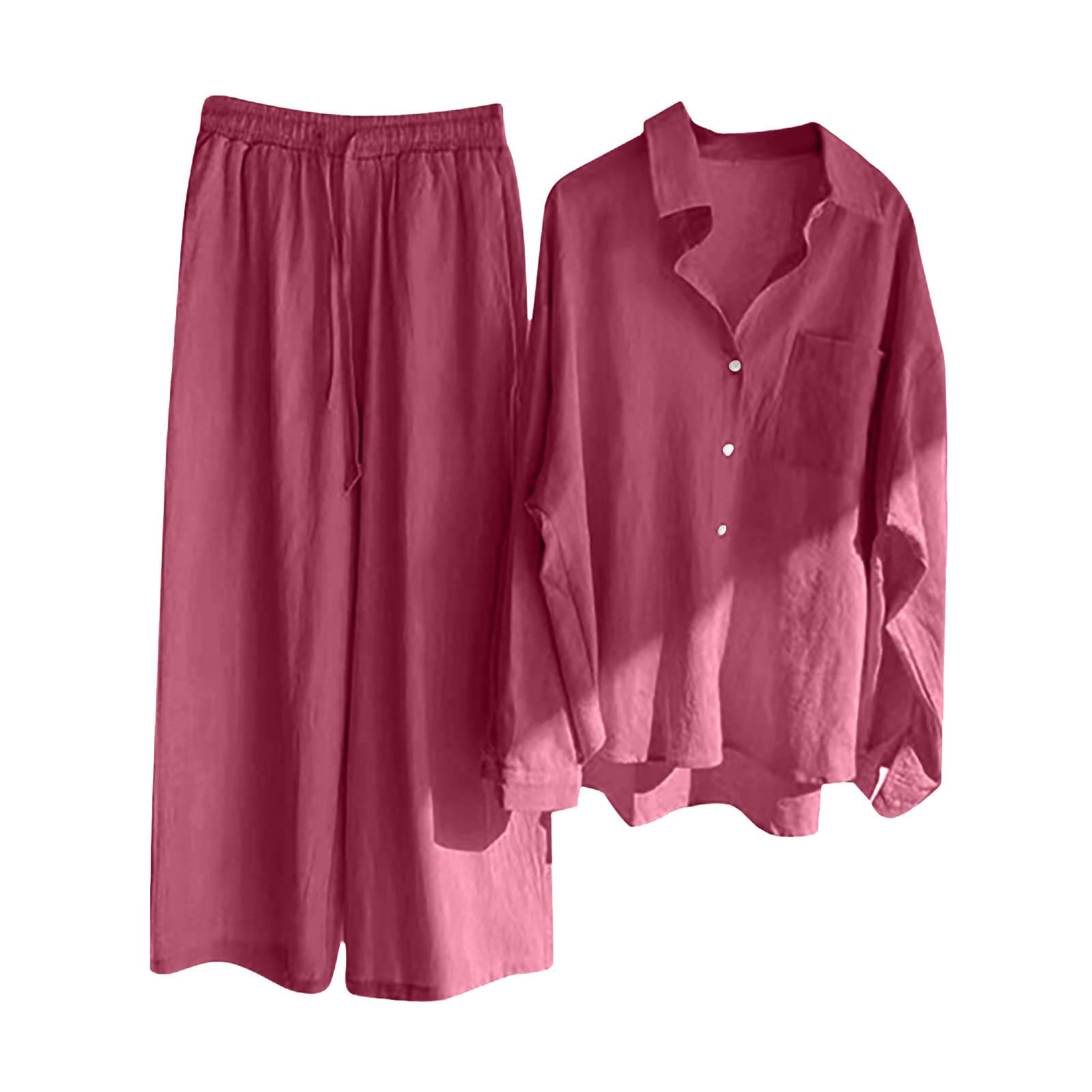 Damen Zweiteiler Elegant Musselin Bluse Hemd und Lang Leinen Hose Sets Clothes Aesthetic Zweiteiler Lounge Set Strand Outfit Sommer Set Two Piece Set Freizeit Loose Women Große Größe Hosenanzüge