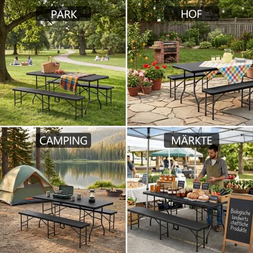 Set da birreria pieghevole, 3 pezzi, in plastica HDPE, set da birra per campeggio, giardino e birreria, set da giardino con motivo albero, impermeabile e resistente alle intemperie (nero +