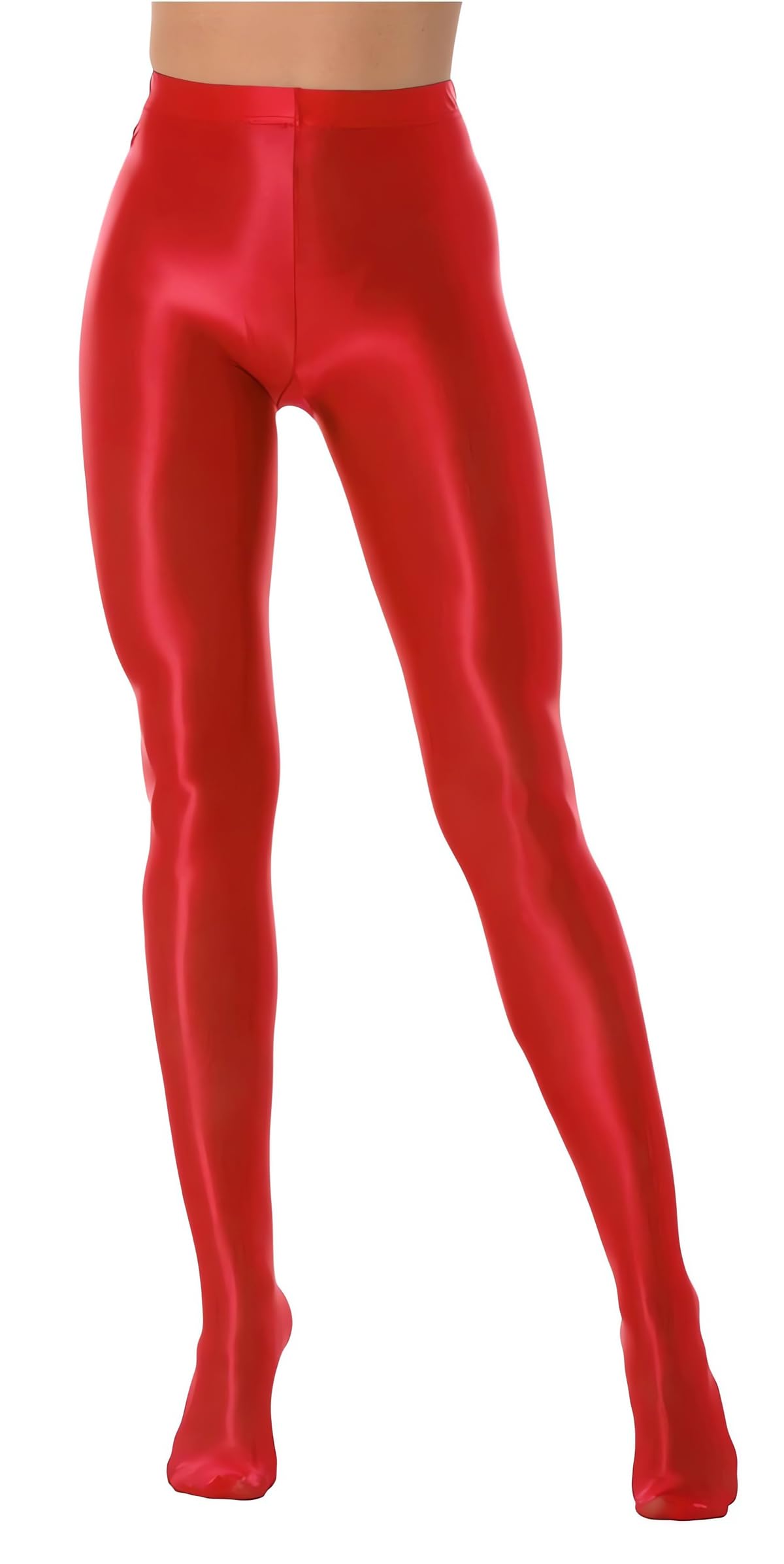 Hybursky Women's Red Shiny Tights, High Waist Tummy Control Glossy Yoga Sports High Tight, Stretchy Foil Metallic Spandex Pantyhose For 80S Disco, Slim Fit Solid Hold Up Leggings For Dancewear Nightclub Rave Party