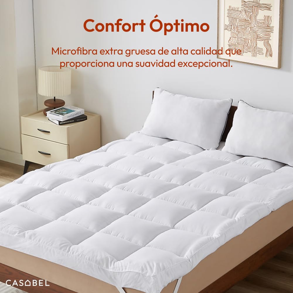CASABEL Topper de colchón Mullido y Transpirable, 160x200cm, Blanco | Confort mullido, Extra Grueso, 1150g/m², Acolchado de cuadros, Hipoalergénico, Elásticos de sujeción, Lavable a máquina