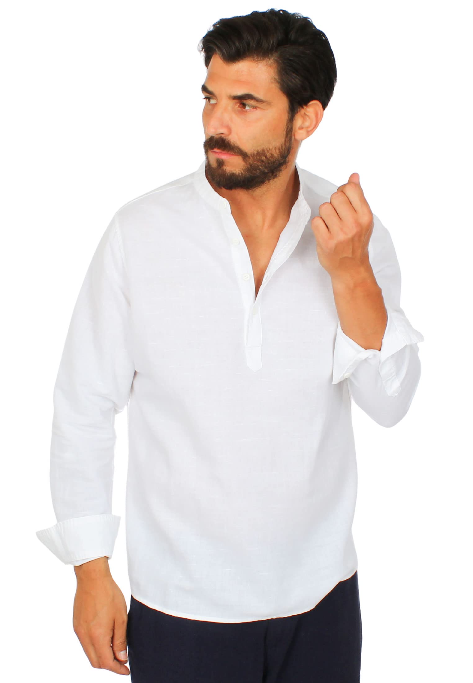 Camisa de hombre de lino con cuello coreano Serafino Slim Fit Manga Larga de Casaca