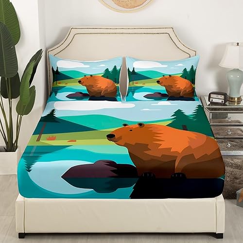 Miniatura 9 de Sábanas bajeras de Capybara para niños pequeños, sábanas bajeras de animales salvajes de dibujos animados para niños y niñas, juego de ropa de cama