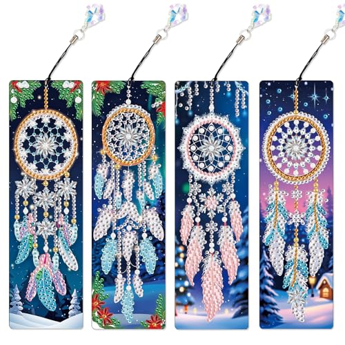 Image of 4 Pieces 5D Diamond Painting Bookmarks for Adults, Dreamcatcher Rhinestone Bookmarks with Tassels, DIY Handmade Diamond Art Bookmark Craft Kit, Unique Book Marks Set for Book Lovers