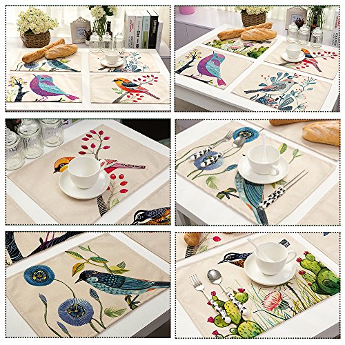 Cotton Linen Placemats Birds Painting Design Place Mats Home Decoration For Dinner Table,Indoor Outdoor Kitchen Table Mats Set Of 6 (Bird) #TOP2