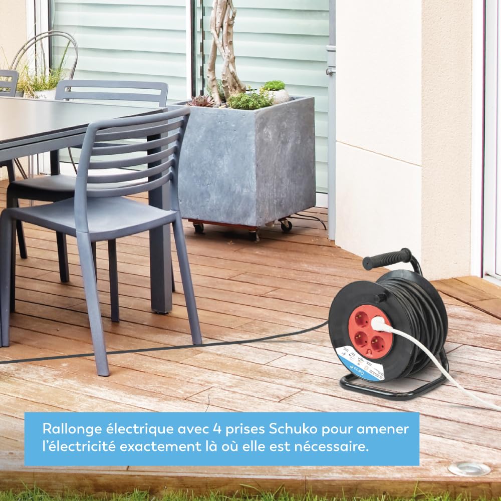 Garza - Enrouleur de câble 50 m, 4 prises avec mise à la terre, bricolage d'intérieur, couleur rouge et noir, protection contre les surtensions et la surchauffe, sécurité enfants