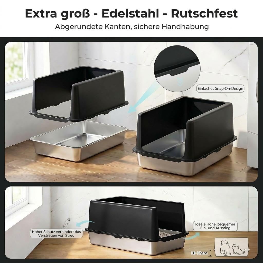 WENBOKMIN Edelstahl Katzenklo XXL mit Deckel, 60x40x30,5cm, Schwarz | Edelstahl, Rostfrei,Hoher Rand 30,5cm, Auslaufsicher,Für Große Katzen,Geruchsfrei, Leicht zu Reinigen