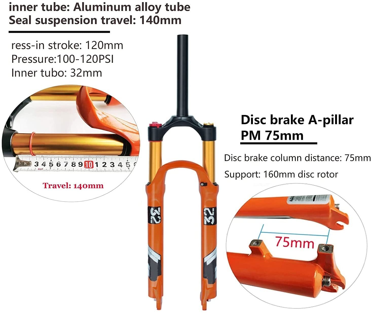 Widelec rowerowy 26/27,5/29 cali, stop magnezu, widelec przedni z amortyzatorem, skok sprężyny 140 mm, 9 mm szybkozłączka, hamulec tarczowy do rowerów MTB 26 cali