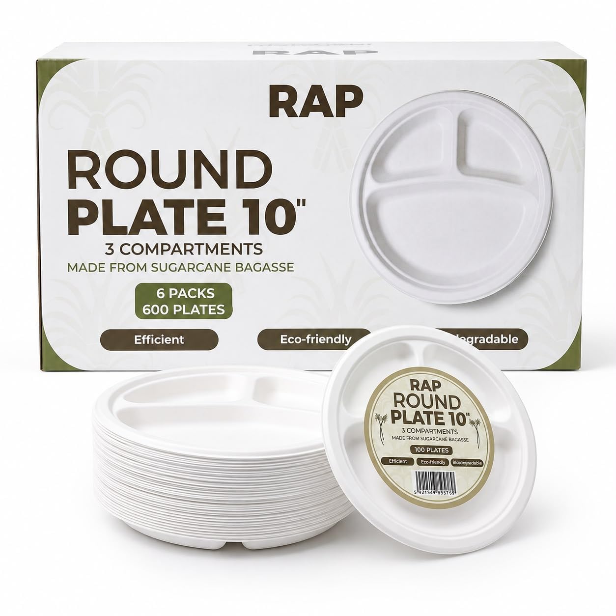 3 Compartment Paper Plates 10 Inch 600 Pack Bagasse Compostable Disposable