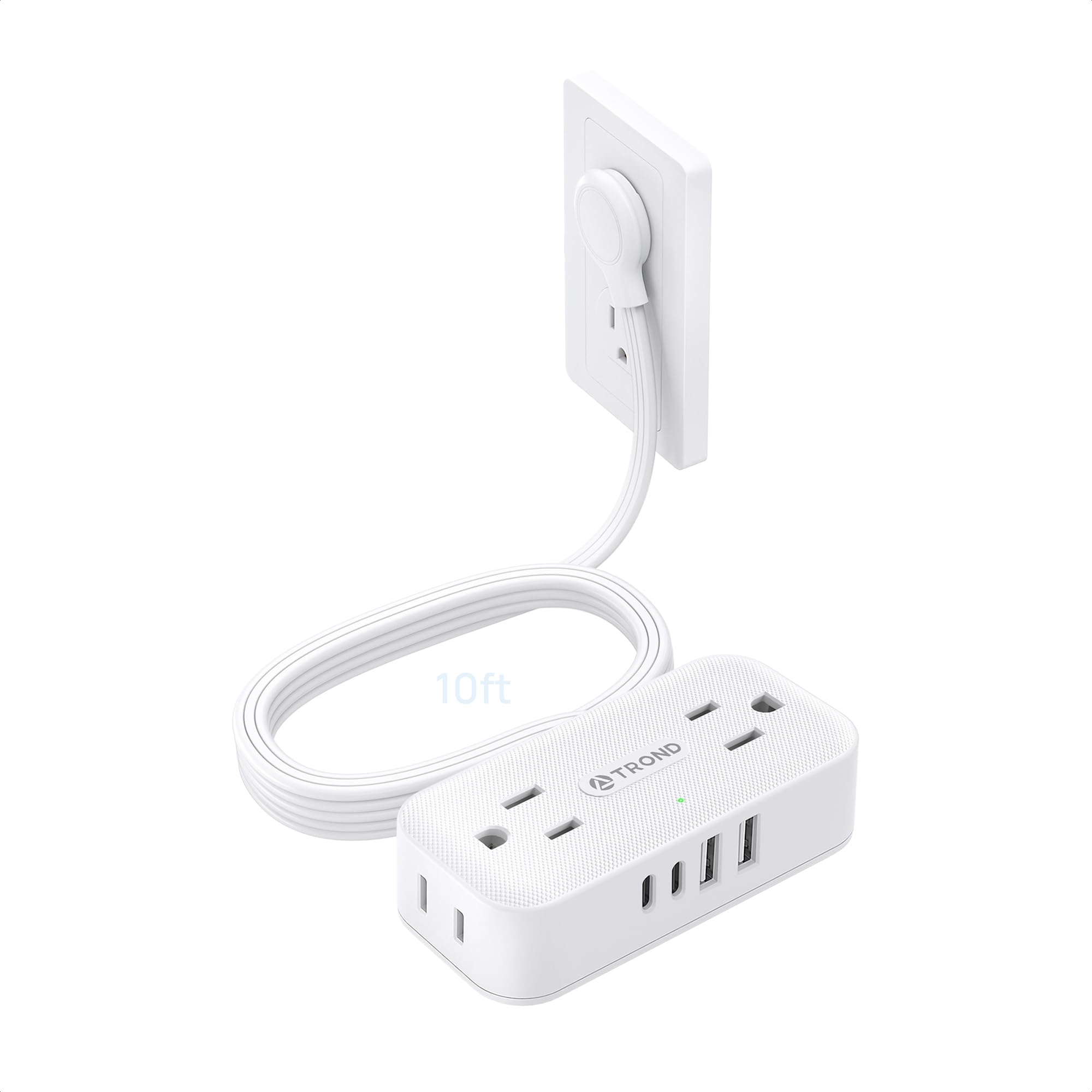 TROND 3FT Flat Extension Cord with Ultra-Thin Outlet Cover, Flat Wall Plug Power Strip with 4 AC 4 USB Ports, Hidden Outlet Extender for Tight Spaces, 10A/1250W, 900J Surge Protection, White — view 13