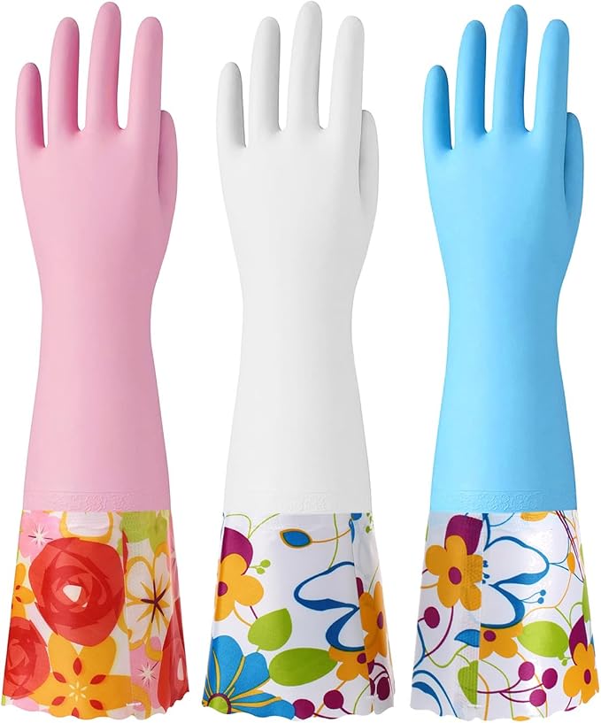 Bamllum 3 Pairs Rubber Cleaning Gloves, Household Kitchen Dishwashing Gloves with Cotton Flocked Liner, Long Cuff 16 Inches, Reusable, Non-Slip (Large, Blue+Pink+White)