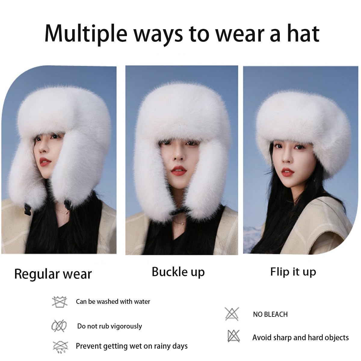 Sombrero de trampero esponjoso para mujer, de pelo largo, de piel sintética, con hebilla, lujoso sombrero cálido de invierno estilo visón