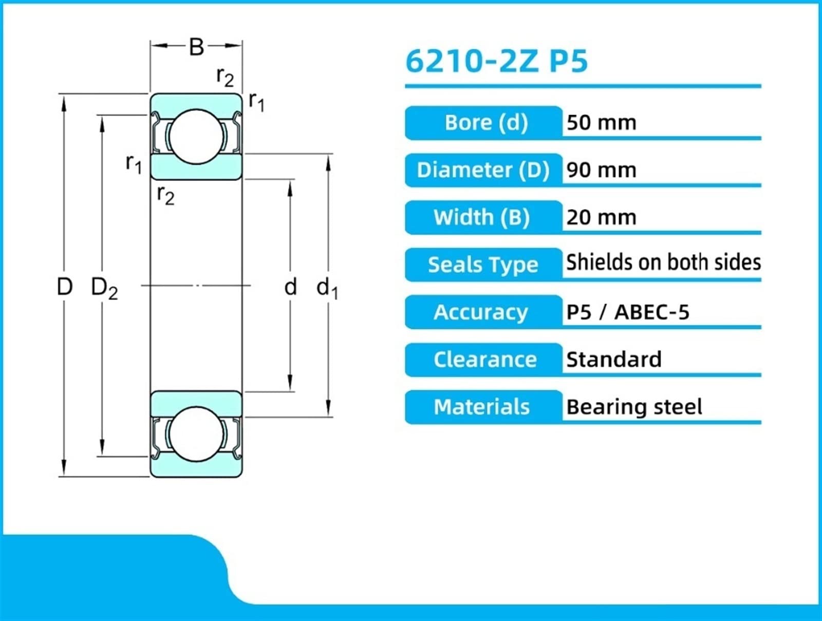 1 Uds 6210-2Z 50X90X20mm rodamiento 6210 6210Z 6210ZZ rodamientos rígidos de bolas de una sola fila métricos