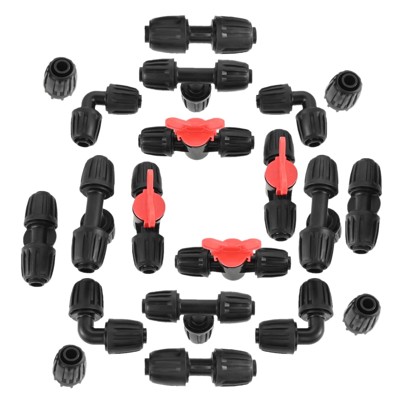 Kit di raccordi per irrigazione da 20 pezzi per tubi antigoccia 1/2 pollice 4 a T + giunti + estremità + gomiti + vConnettore spinato per valvole commutazione