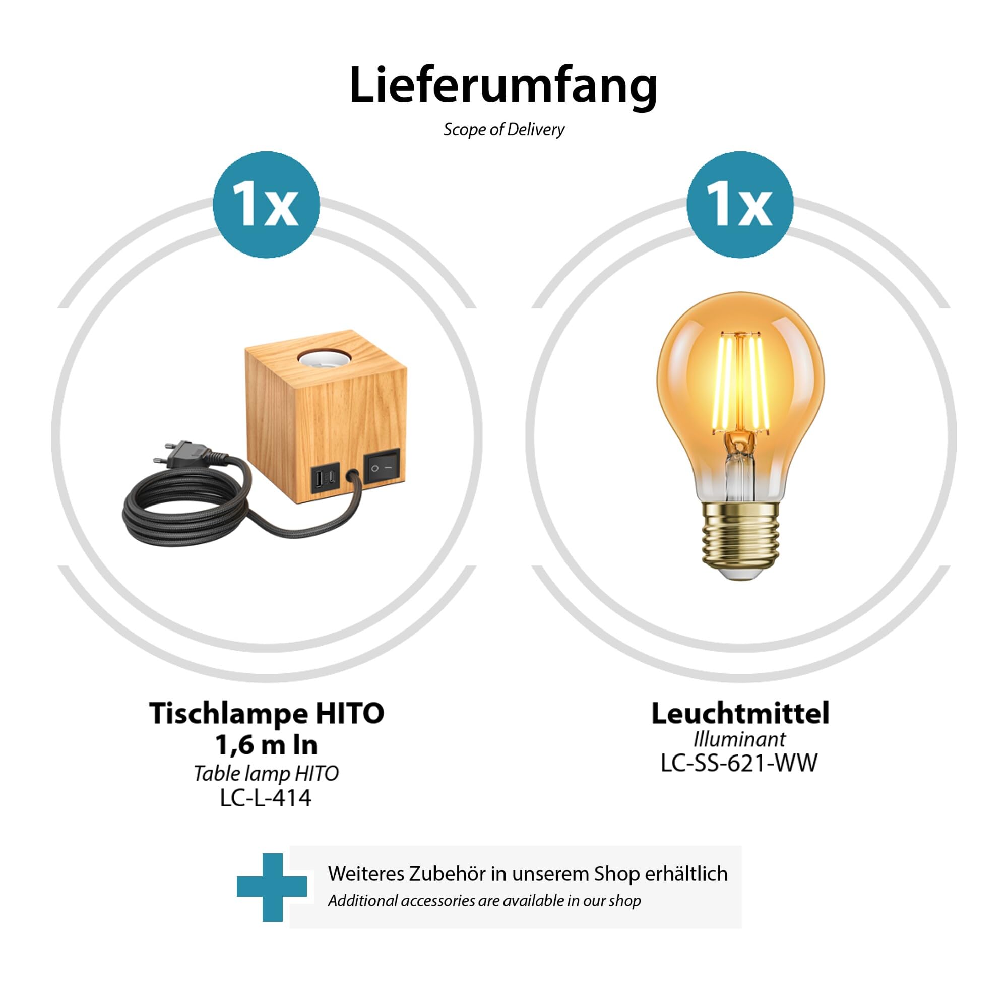 ledscom.de 2x Tischlampe HITO, Holz massiv, eckig, USB, inkl. E27 Lampe gold, 471lm, extra-warmweiß