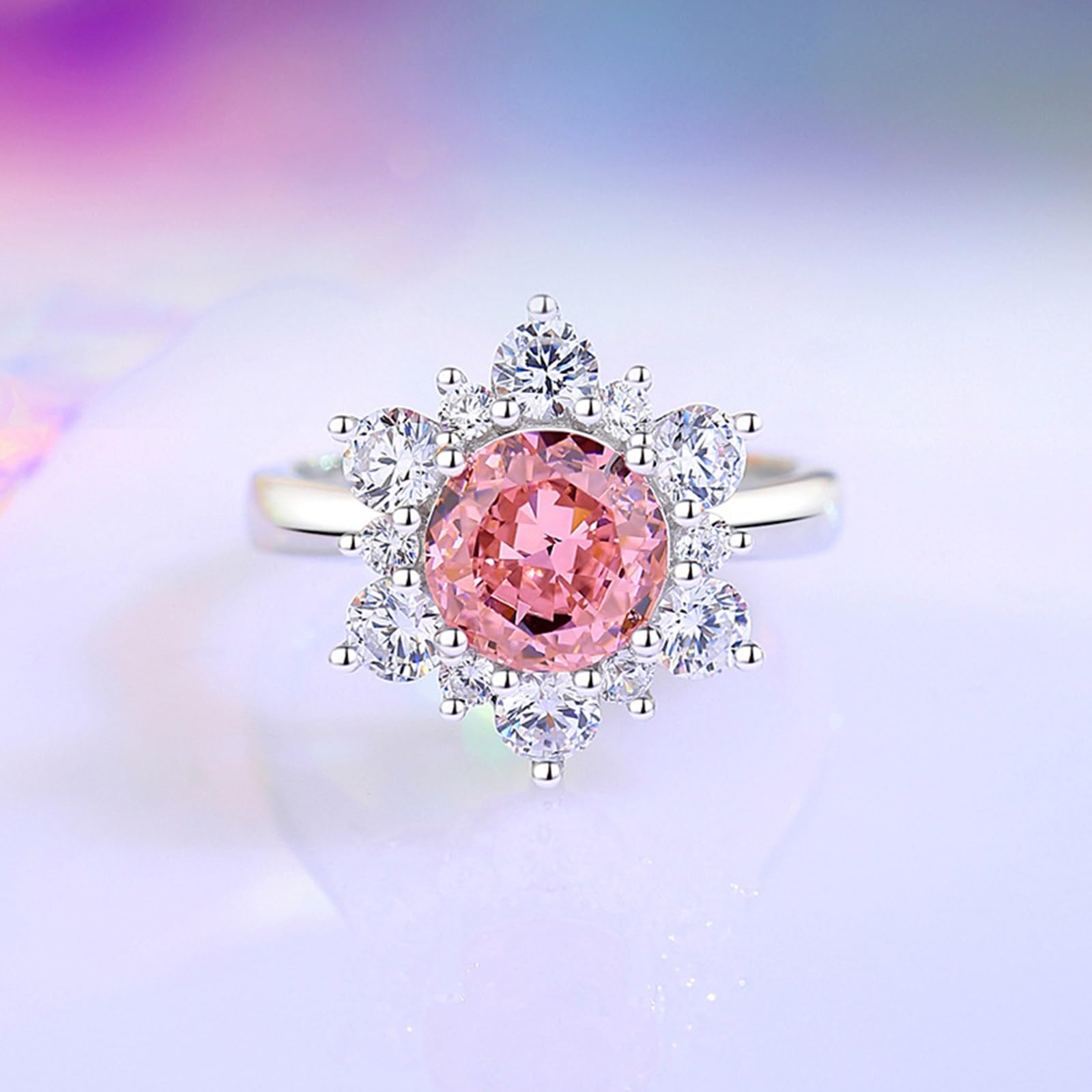 Anelli Nuziali, Oro Bianco/Platino 950 9K/14K/18K Anello con Fiore e Zaffiro Padparadscha Rotondo da 2 carati Creato in Laboratorio con moissanite