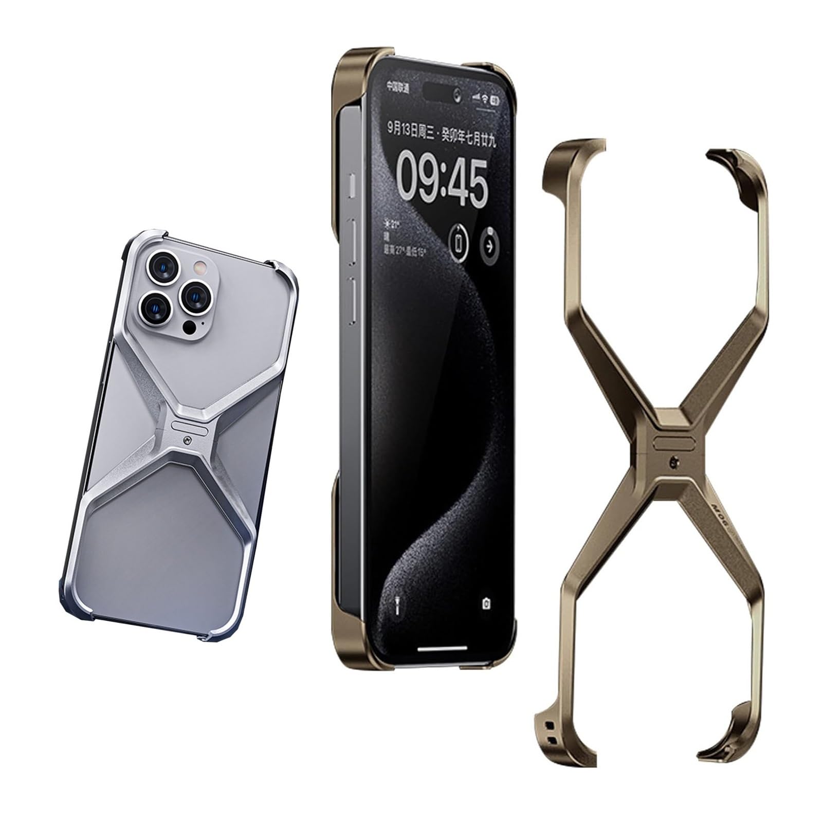 Frameless Metal Case for iPhone 13/14/15/16 Pro Max, Hollow Aluminum Alloy Bumper Cover with Shockproof Corner Pads, Heat Dissipation Design, Ultra-Thin Bare-Metal Feel, No Back Plate(Gold,15)