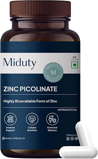 Miduty Zinc Picolinate 50 mg - High-Absorption Chelated Zinc Supplement - Immune Support, Skin &amp; Hair Health - Supports ov...