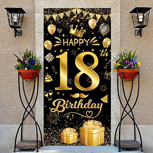 Happy 18th Birthday Door Banner - 3ft X 6.1ft Black & Gold Party Backdrop, Weather-Resistant Polyester - View #2