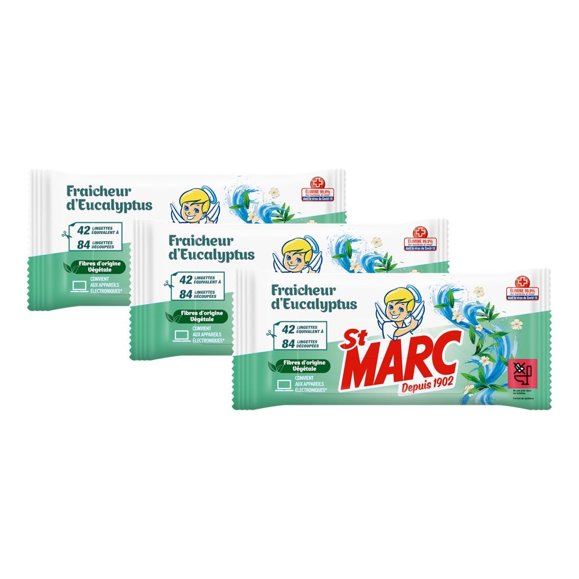 St Marc Lot de 3 sachets de 42 Lingettes Biodégradables Nettoyantes et Désinfectantes aux Huiles Essentielles d'Eucalyptus