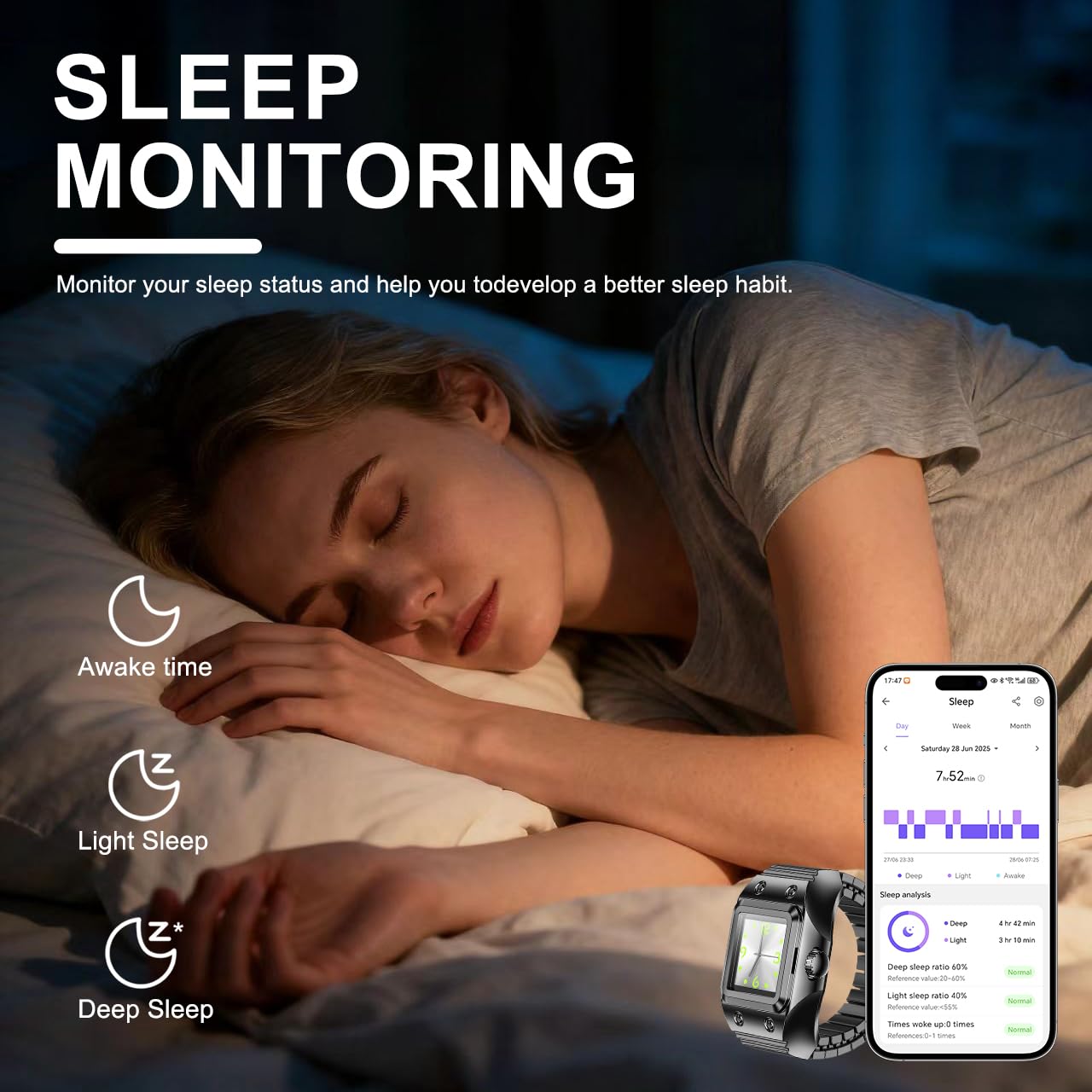 Anneau Intelligent avec Montre à Quartz, Tracker de Sommeil/Fréquence Cardiaque/Oxymétrie/Activité, Bluetooth Photography Bague Intelligente Disponible Pour iOS/Android, Longueur Réglable (Doré)