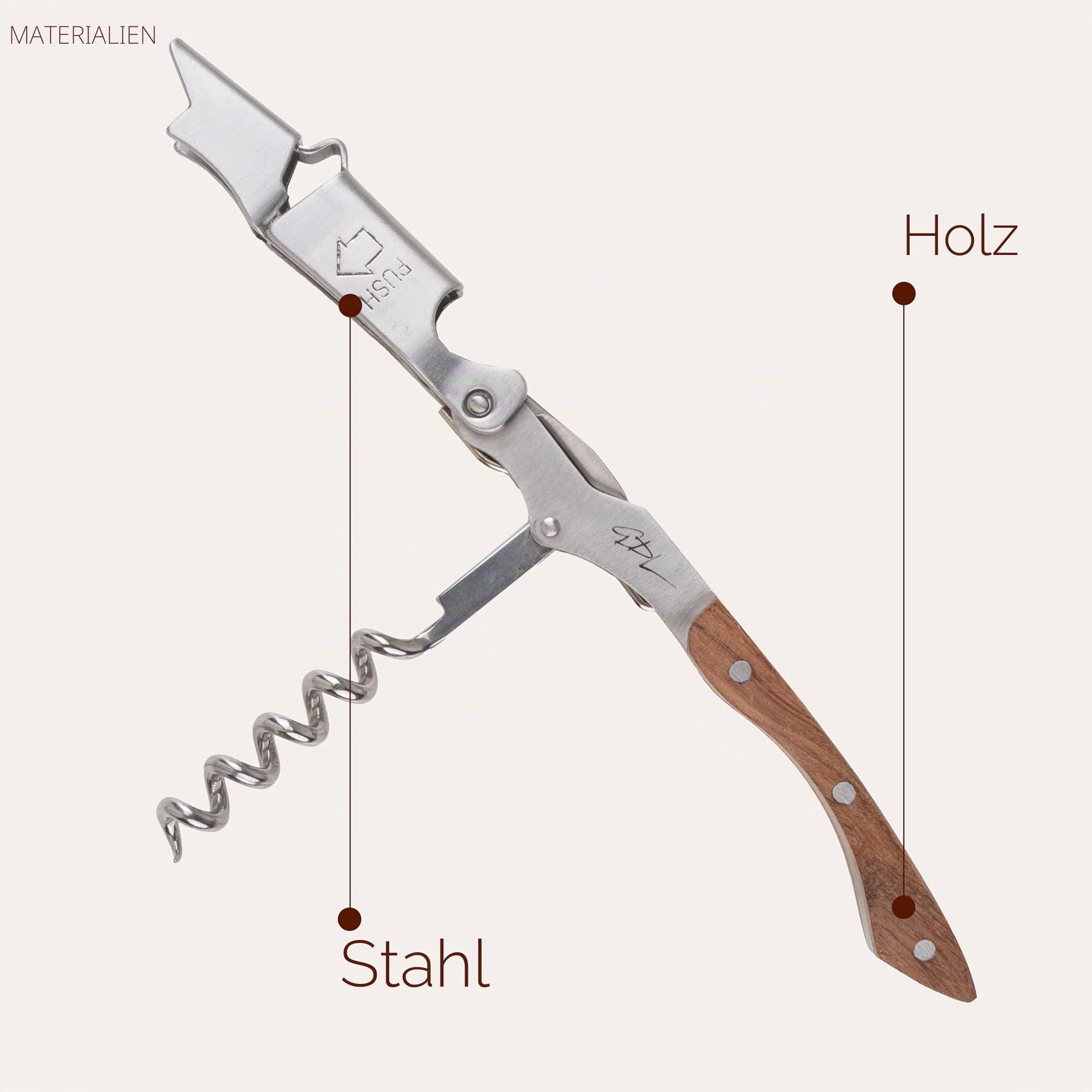 Filter zum Dekantieren des Weins in Trichterform aus Stahl mit Schichtstruktur und ergonomischem Griff + Kellnermesser mit Klinge zum Schneiden von Aluminium und einfacher Einführschraube, verpackt