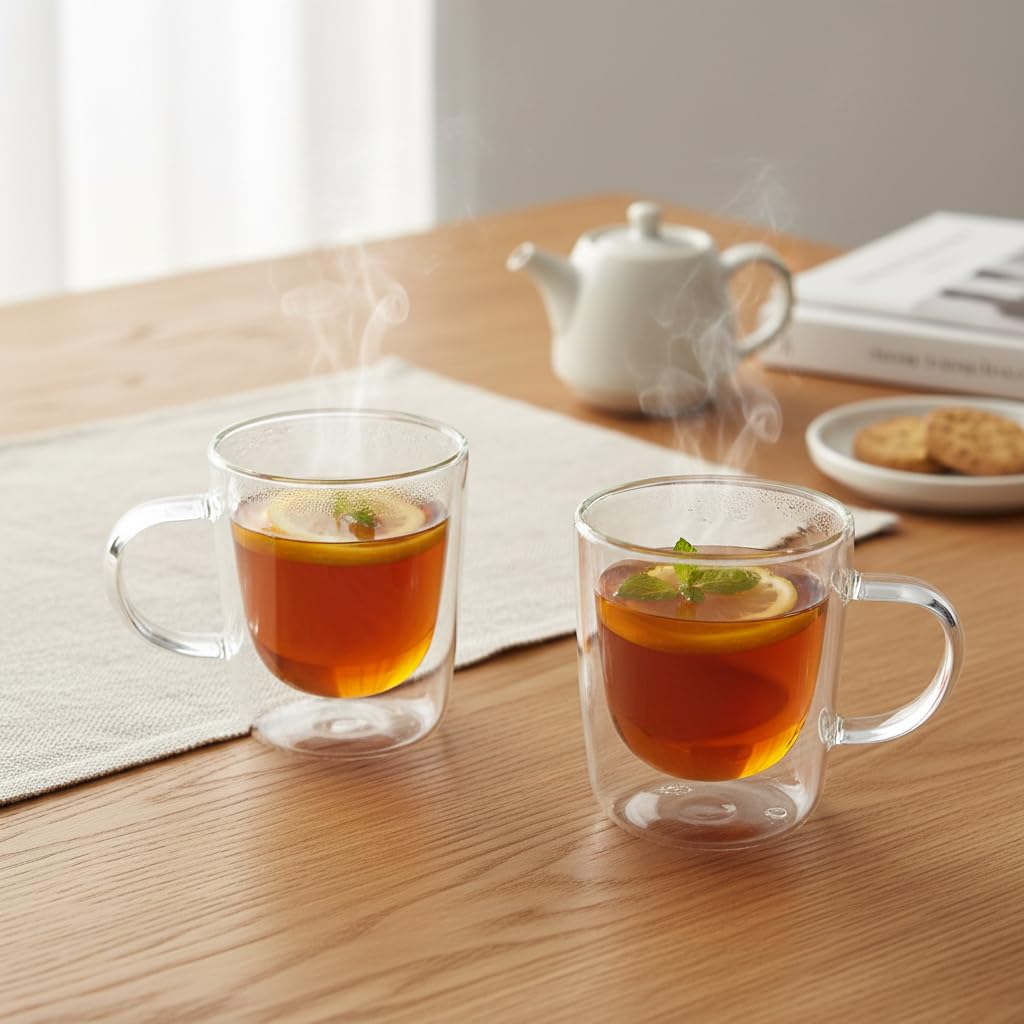 Deconox 2'li Çift Cidarlı Kulplu Cam Fincan Seti - 100 ml Isıya Dayanıklı Espresso ve Türk Kahvesi Bardağı - El Yakmayan Modern Tasarım (2 Adet)
