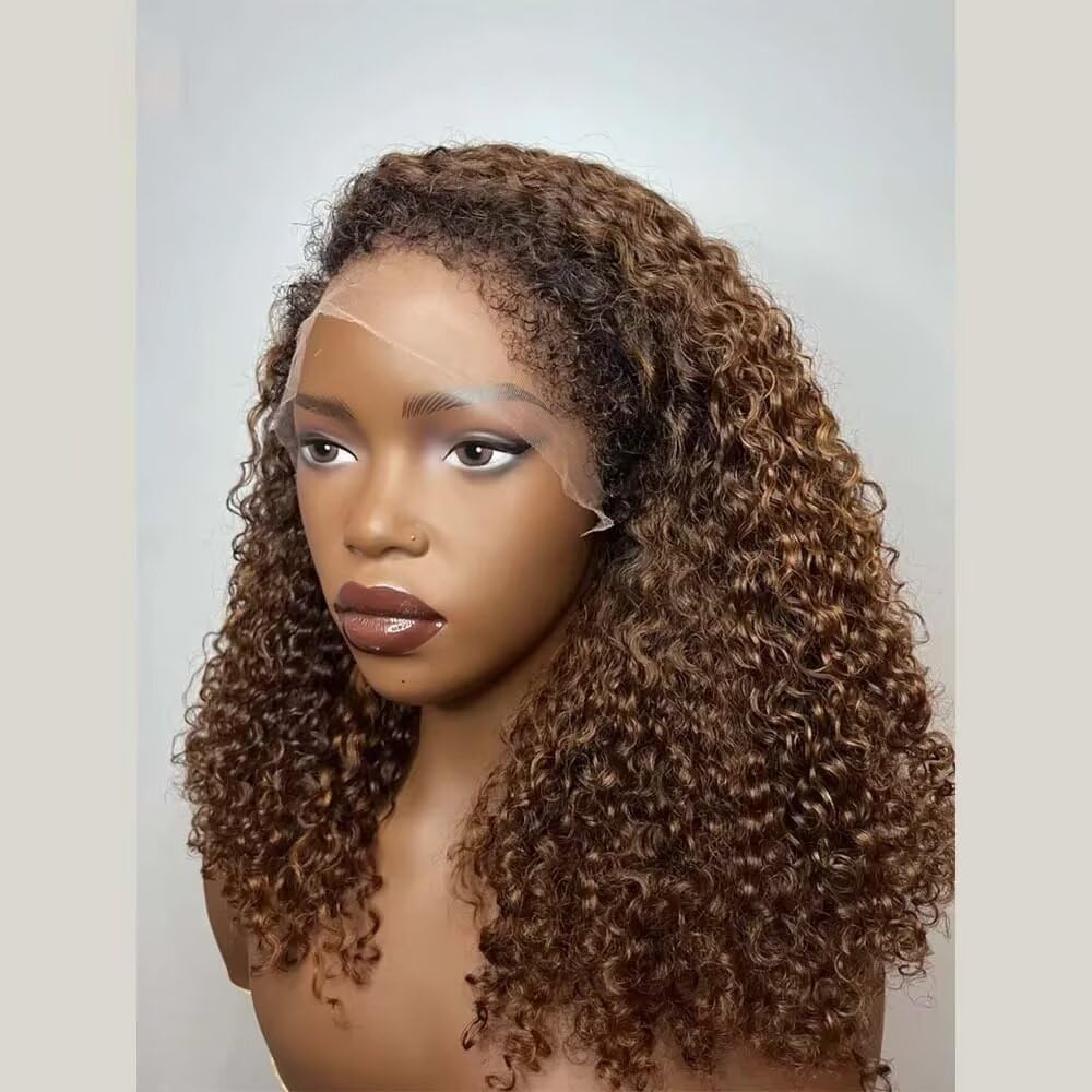 4C Edge Bleached Knots With Curly Baby Hair 13X4 HD Lace Front Wig #4/27 Pre Plucked 100% Virgin Human Hair Deep Wave Glueless Brazilian Remy 180% Density For Black Woman 16 Inches