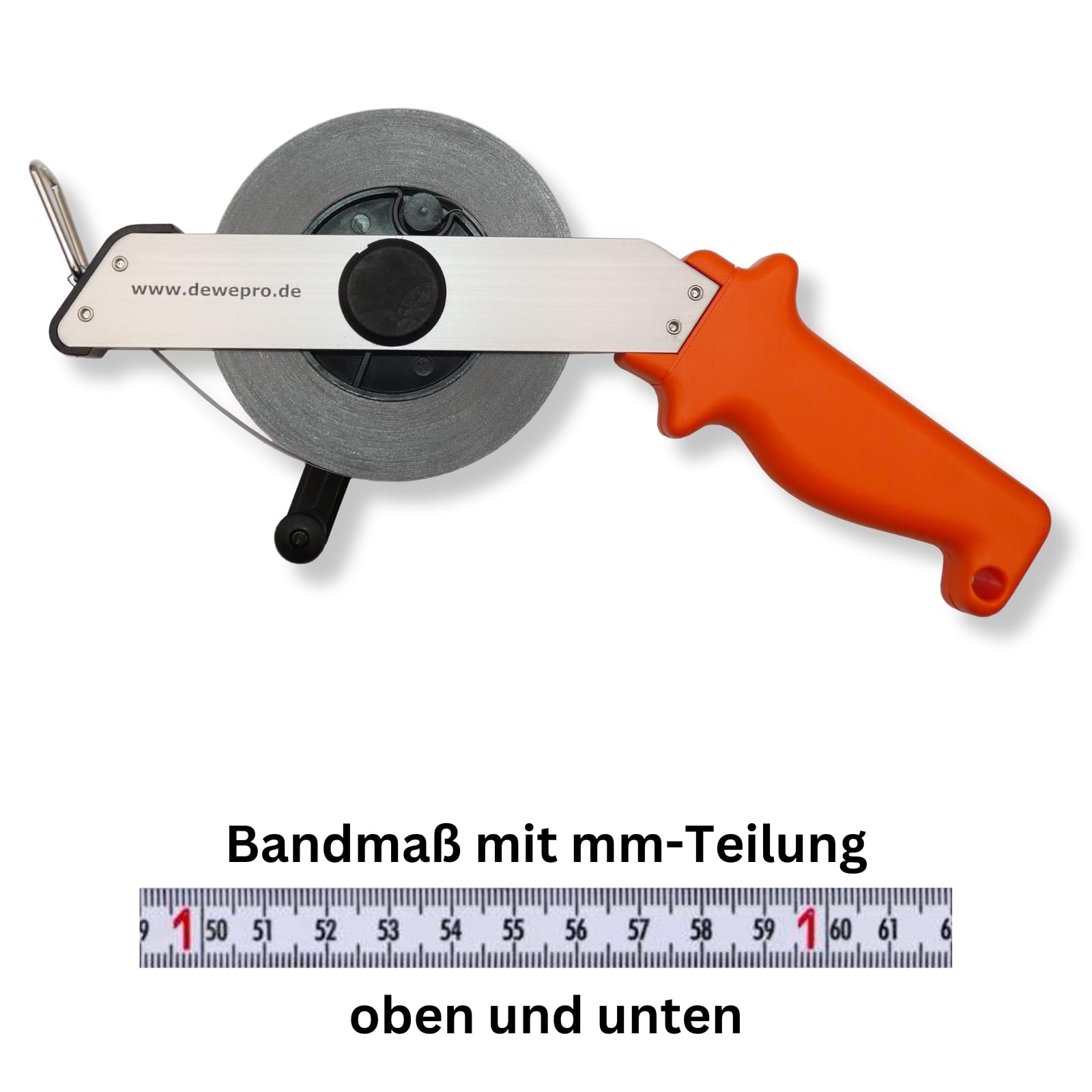 Richter Stahlbandmaß 50m mit mm-Teilung - Maßanfang "B" - Bandmaß 13mm breit mit Leichtmetallrahmen - weiß lackiert mit Duplex-Teilung - im Set inkl. 1 St. DEWEPRO Zollstock 2m