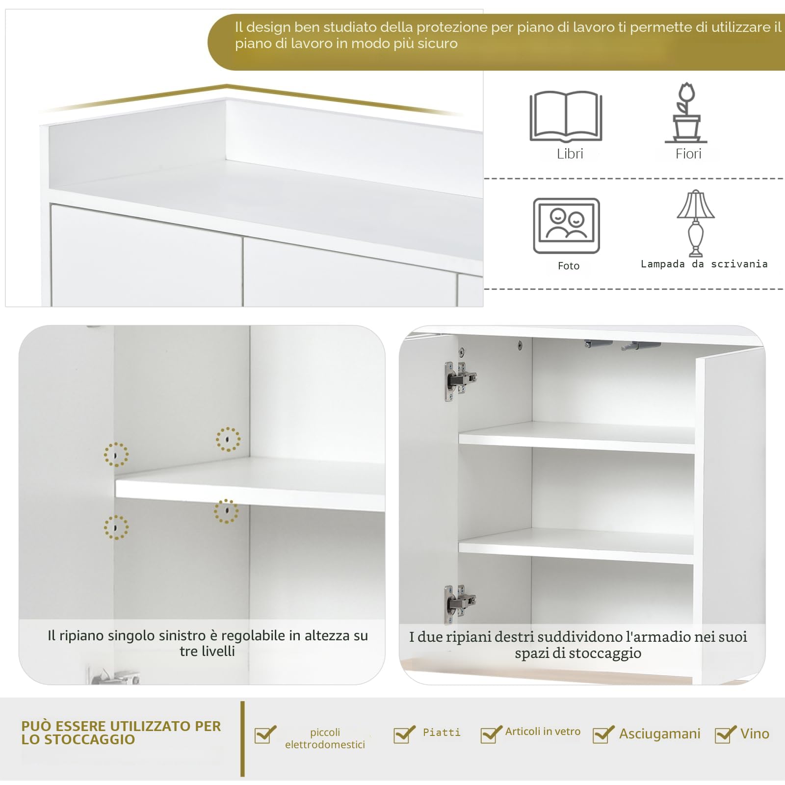 credenza per cucina 120 x 30 x 80 cm, mobile contenitore con 4 ante e ripiani regolabili, piedini in metallo, credenza moderna, sala da pranzo e soggiorno, bianco
